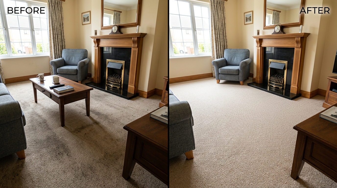 Before and after carpet cleaning in a Belfast living room